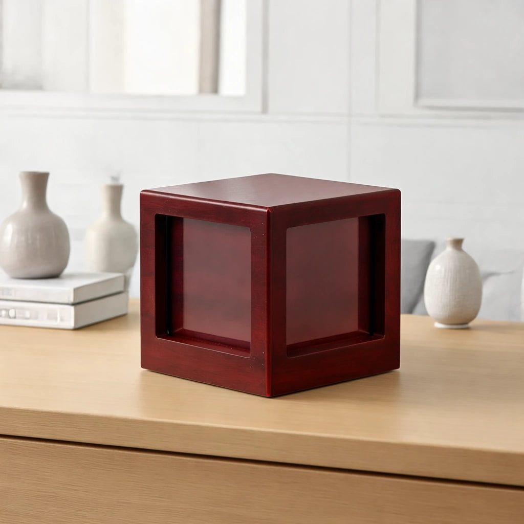 Mahogany Effect MDF Photo Cube Urn for Ashes - Small