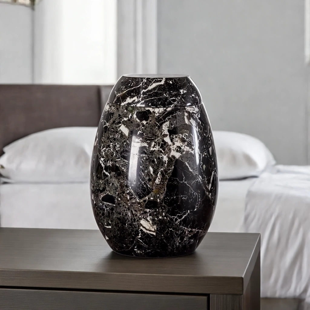 Marble Adult Cremation Urn for Ashes in Black & Grey