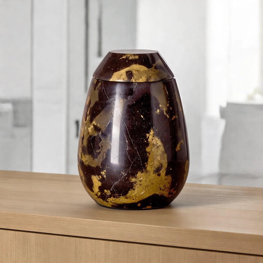 Marble Adult Cremation Urn For Ashes in Brown and Gold
