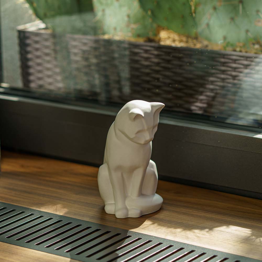 Matte White Kitten Urn On Window Ledge