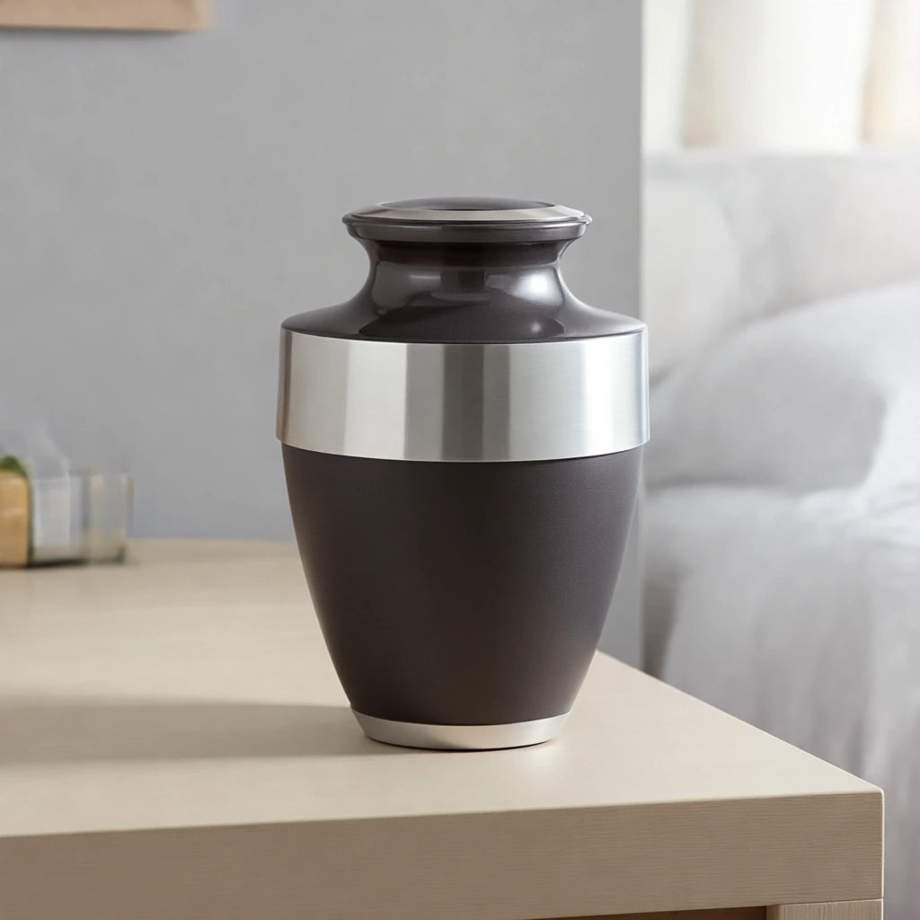 Metal Adult Cremation Urn for Ashes in Black with Silver Band