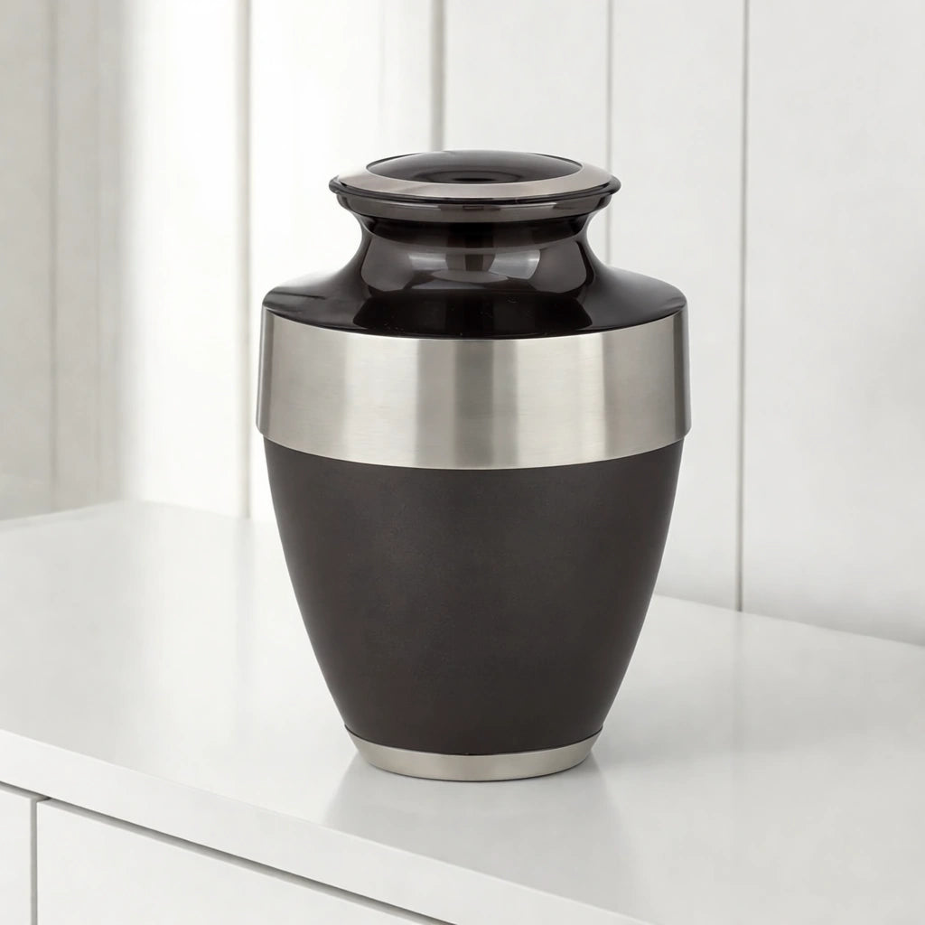 Metal Adult Cremation Urn for Ashes in Black with Silver Band