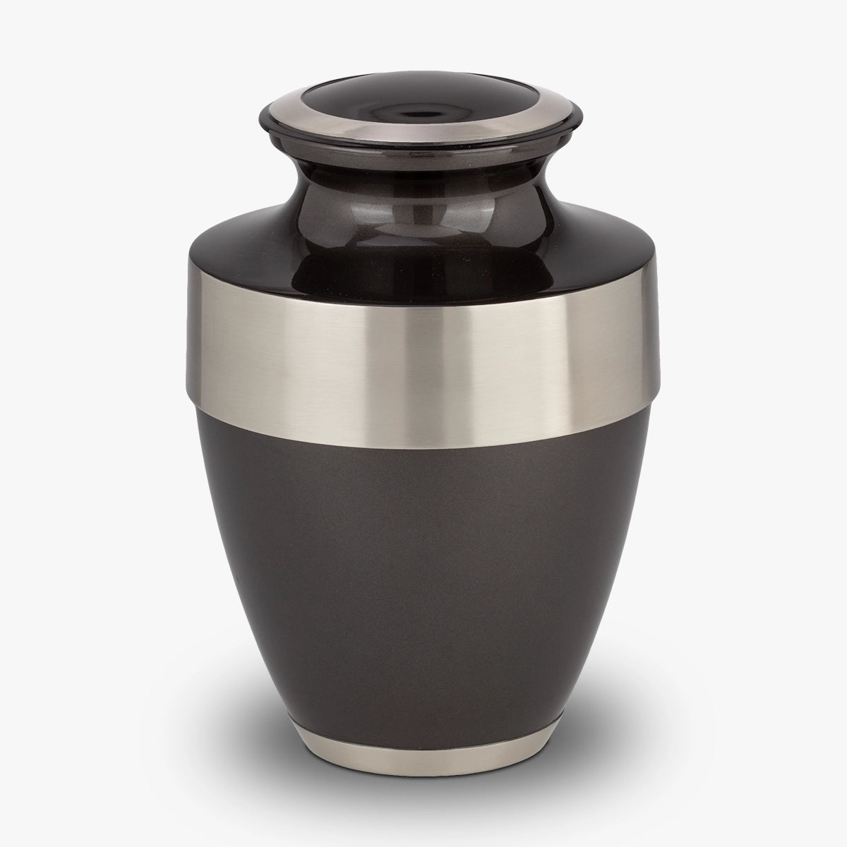 metal adult cremation urn for ashes in black with silver band