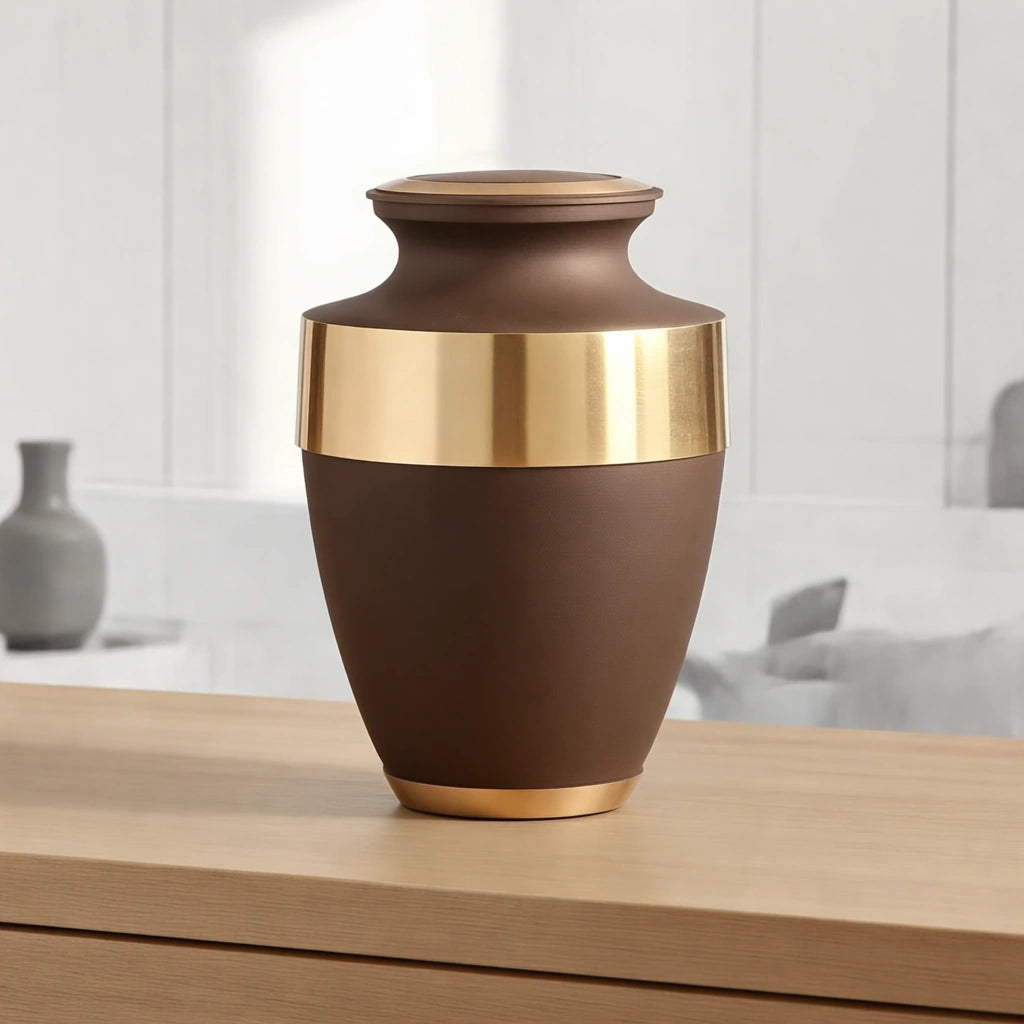 Metal Adult Cremation Urn for Ashes in Bronze with Gold Band