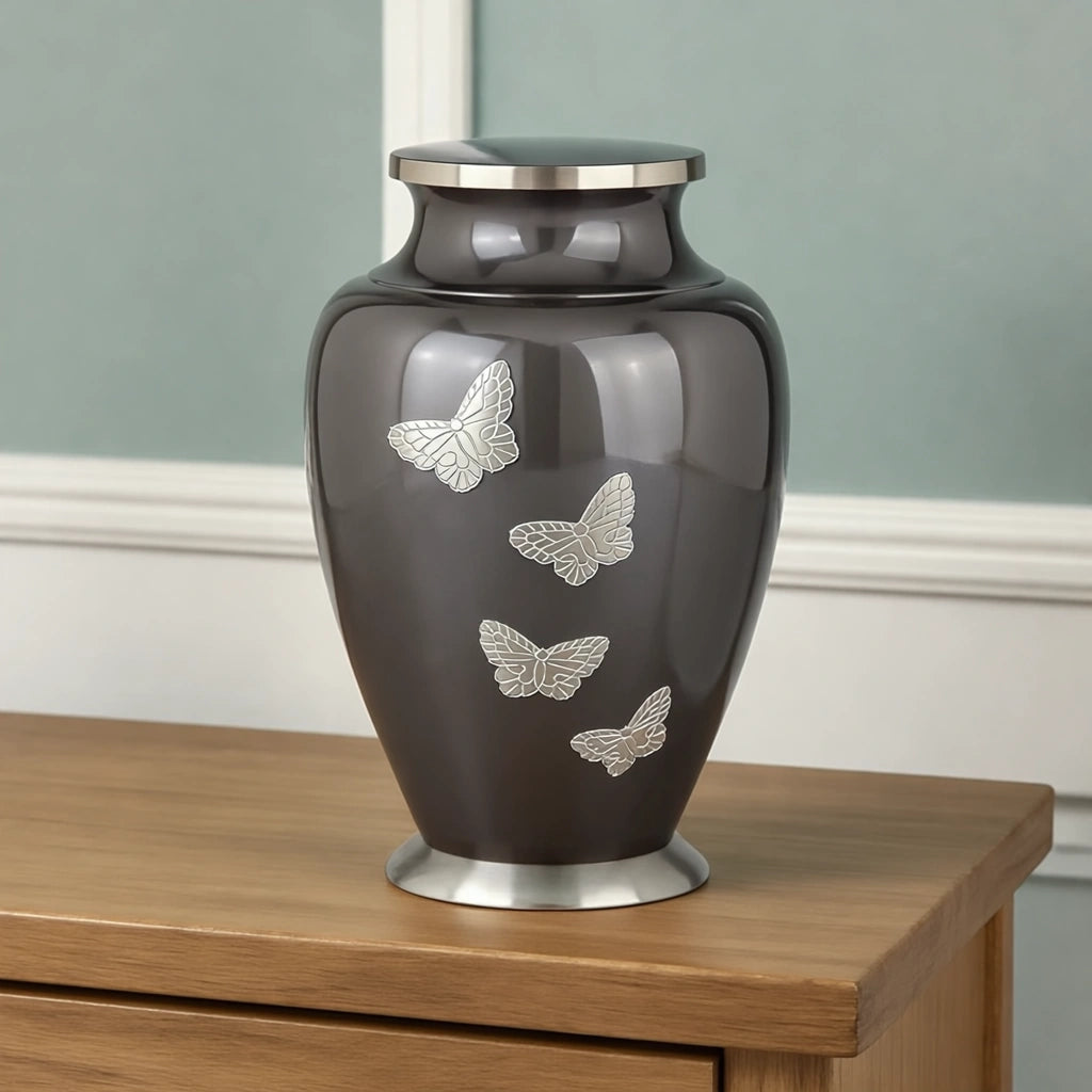 Metal Butterfly Adult Cremation Urn for Ashes in Grey with Silver