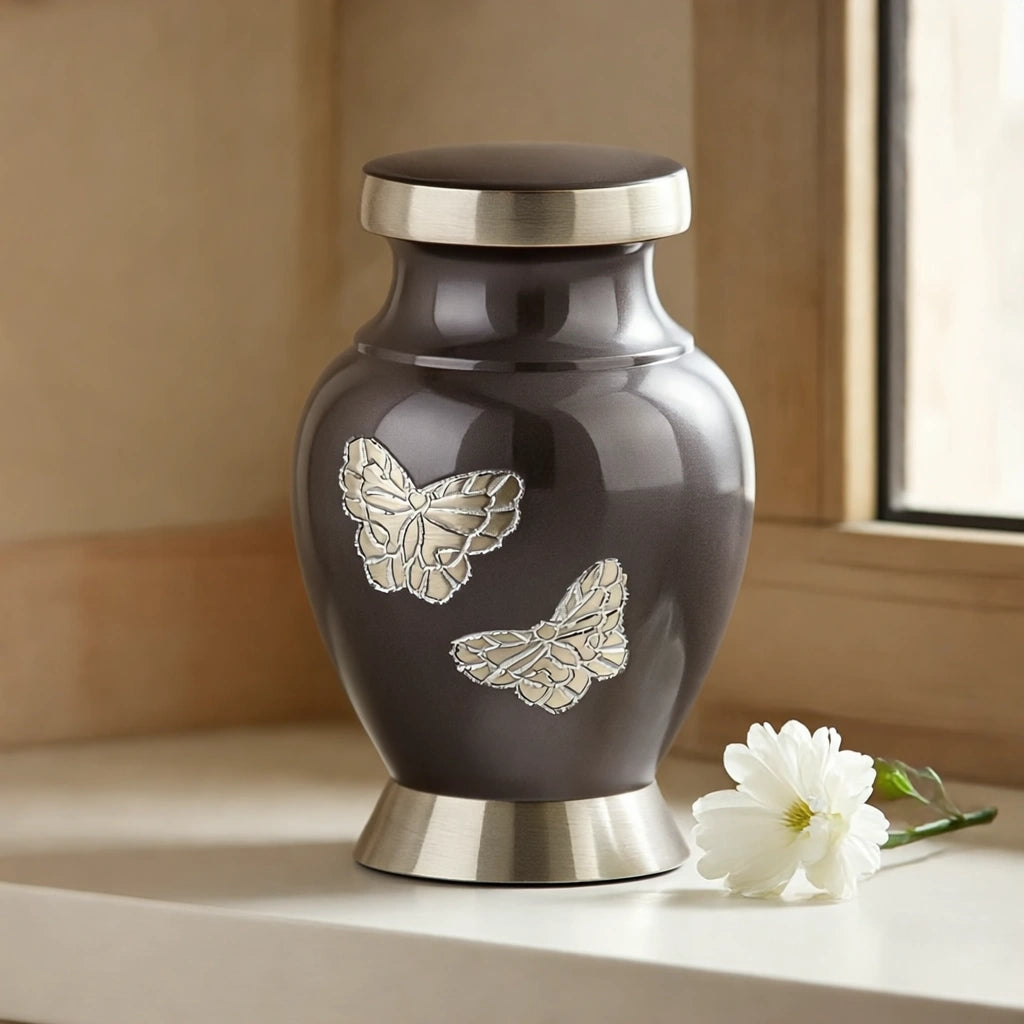 Metal Butterfly Keepsake Urn for Ashes in Grey with Silver