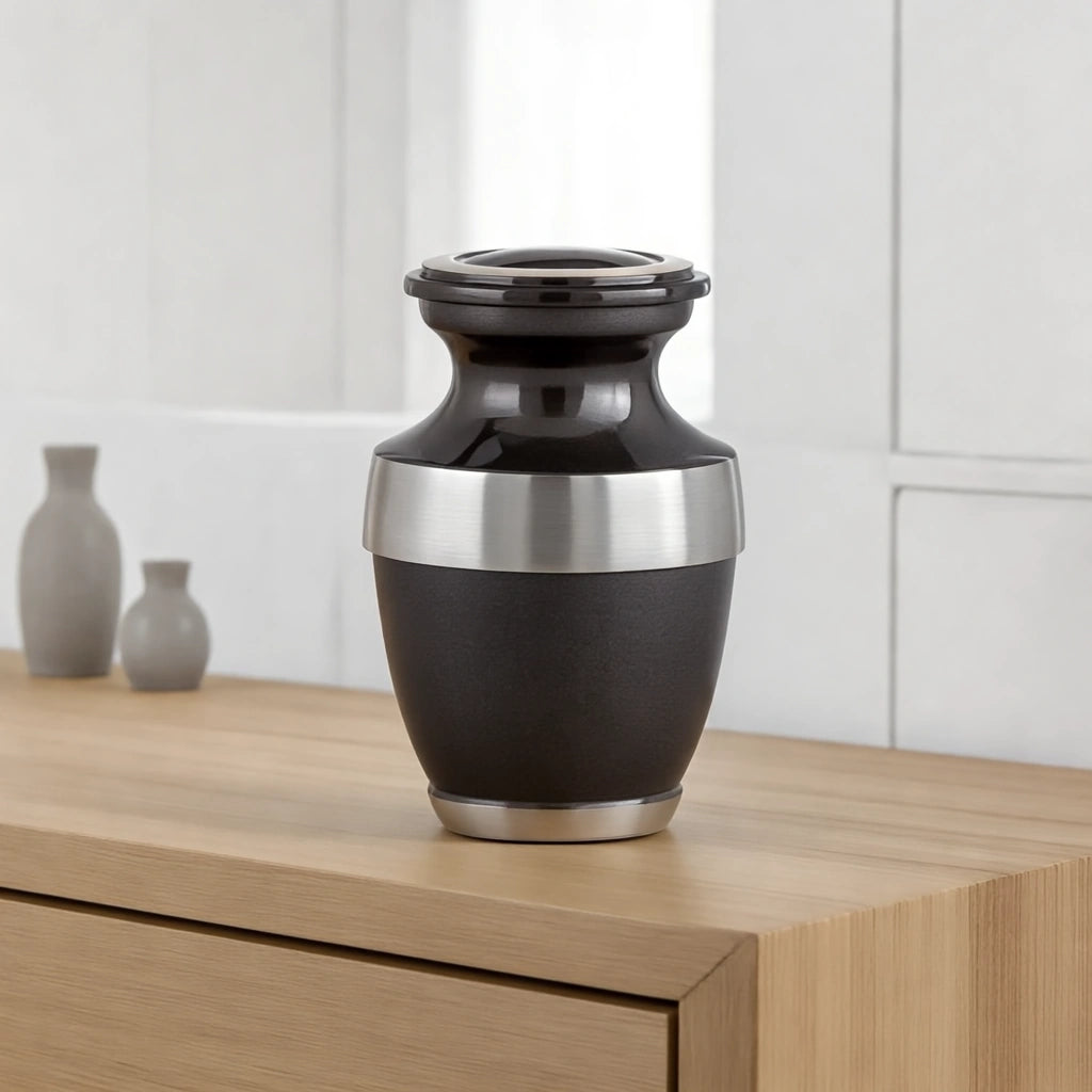 Metal Keepsake Urn for Ashes in Black with Silver Band