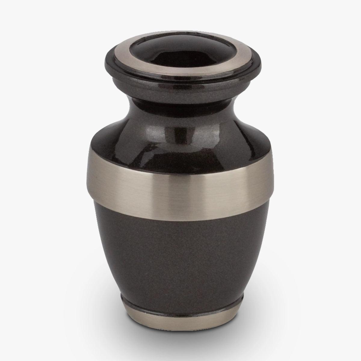 metal keepsake urn for ashes in black with silver band