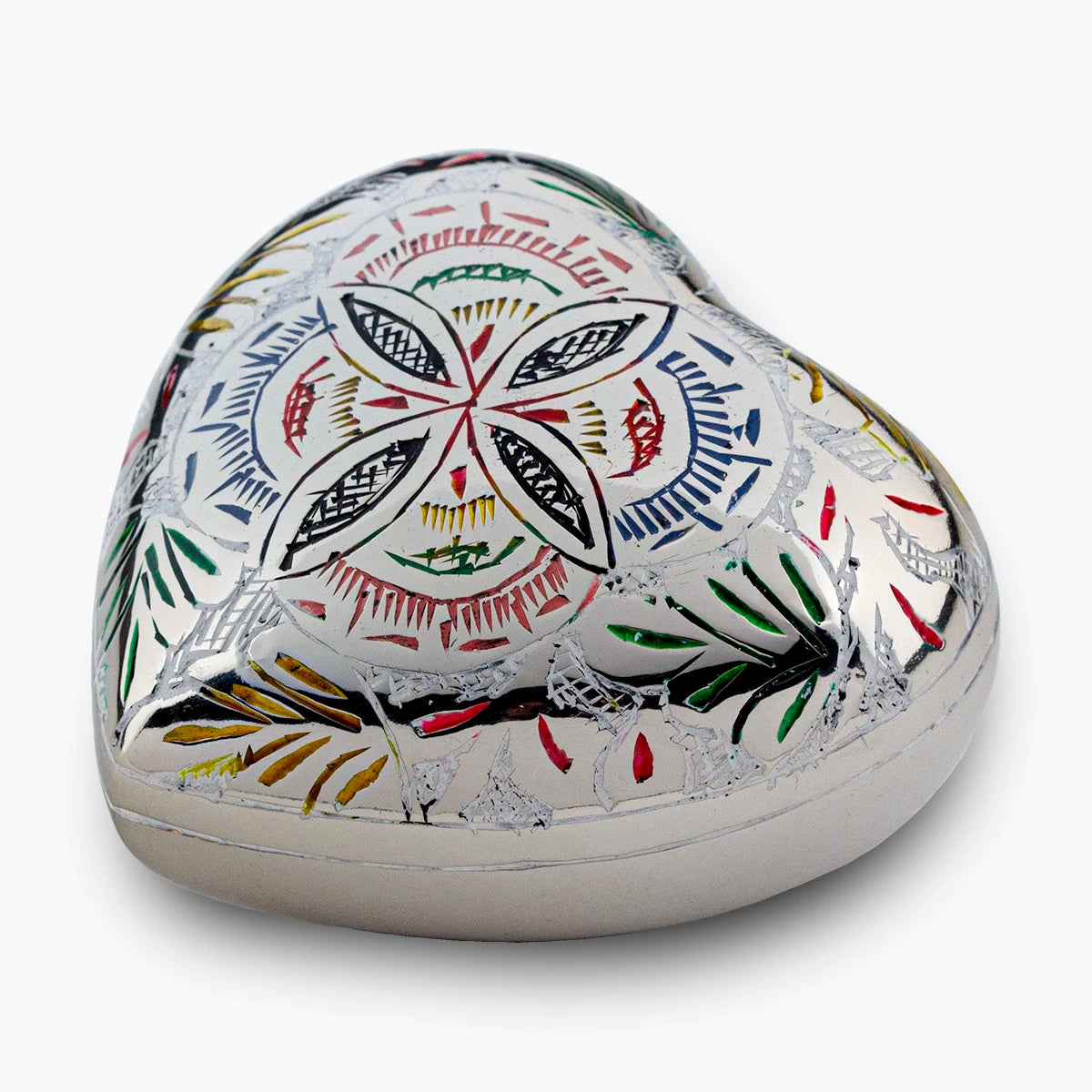mosaic heart keepsake urn for ashes in silver and multicolour