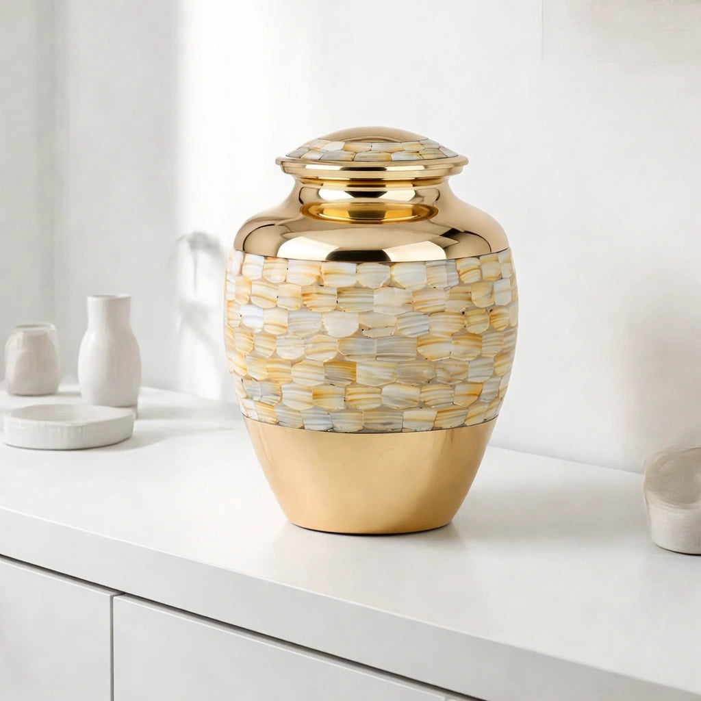 Mother of Pearl Metal Adult Cremation Urn for Ashes in Gold