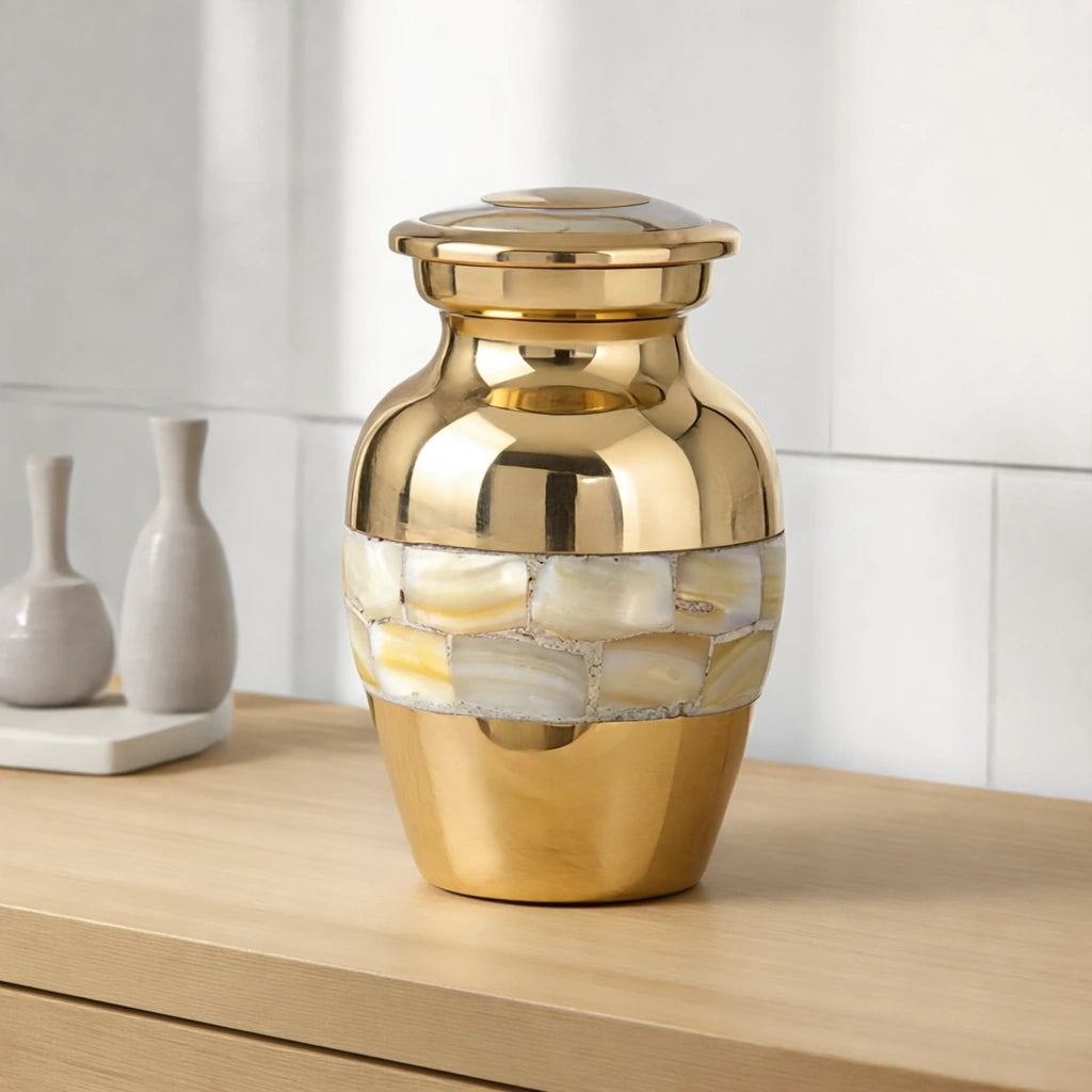 Mother of Pearl Metal Keepsake Urn for Ashes in Gold