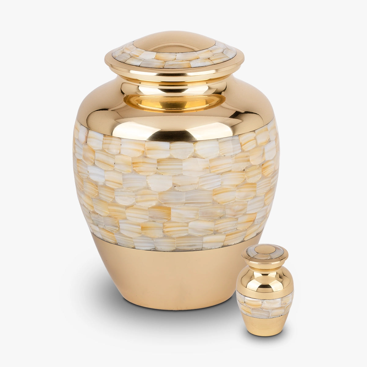 mother of pearl metal keepsake urn for ashes in gold with adult urn