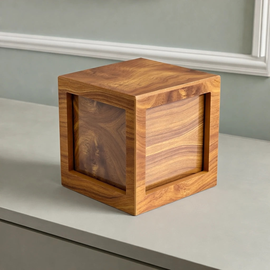 Oak Wood Effect MDF Photo Cube Cremation Urn for Ashes - Large