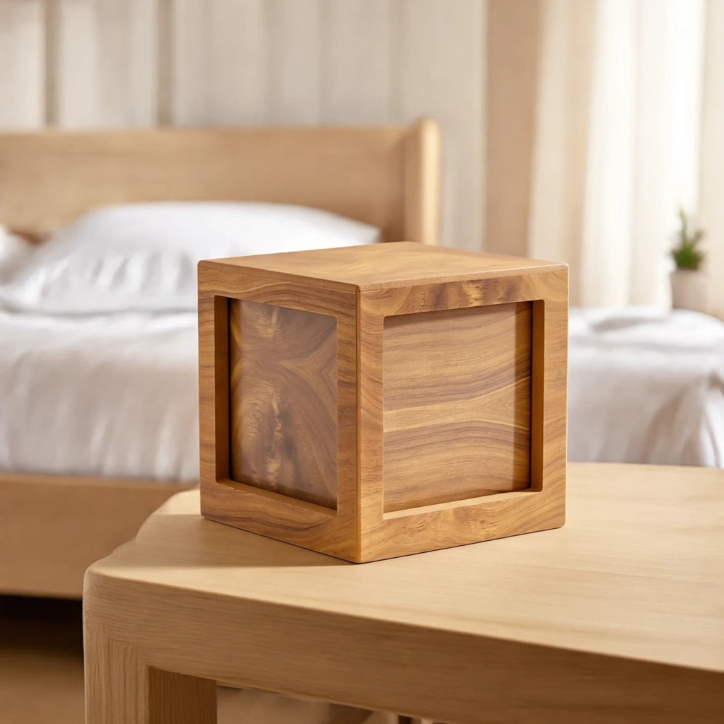 Oak Wood Effect MDF Photo Cube Cremation Urn for Ashes - Large