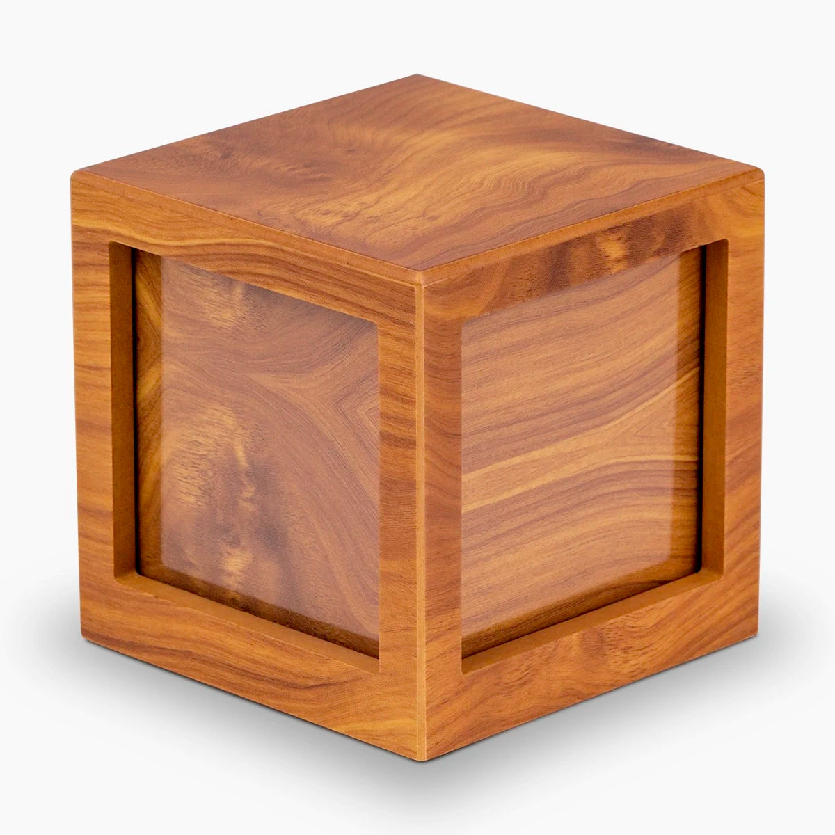 oak wood effect mdf photo cube cremation urn for ashes large front view