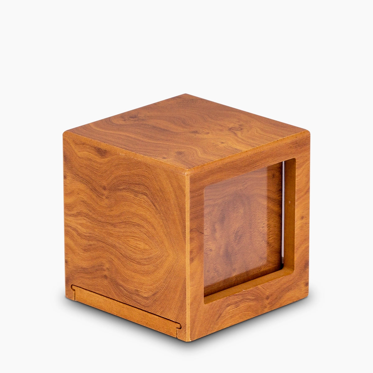 oak wood effect mdf photo cube small urn for ashes side view