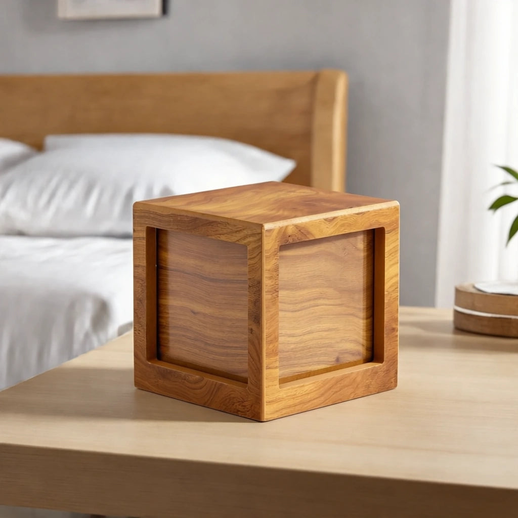 Oak Wood Effect MDF Photo Cube Urn for Ashes - Medium