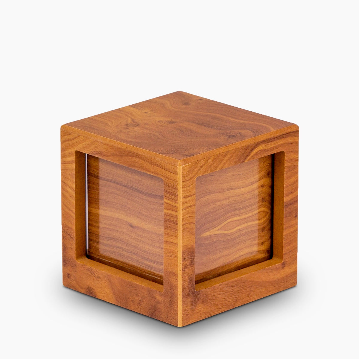 oak wood effect mdf photo cube urn for ashes small front view