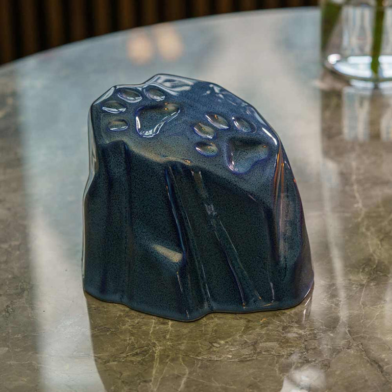 Paw Prints Dog Urn For Ashes Blue On Table Left