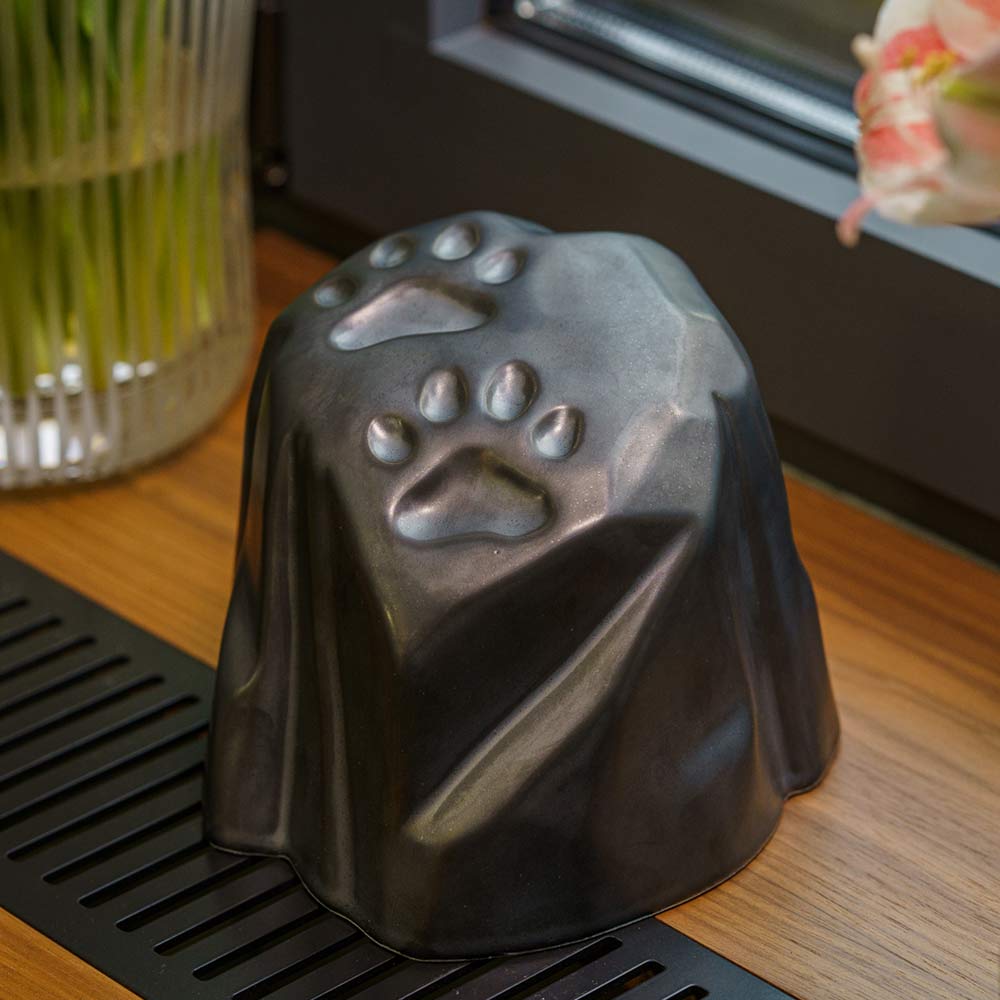 Paw Prints Dog Urn For Ashes Matte Black On Window Front Right