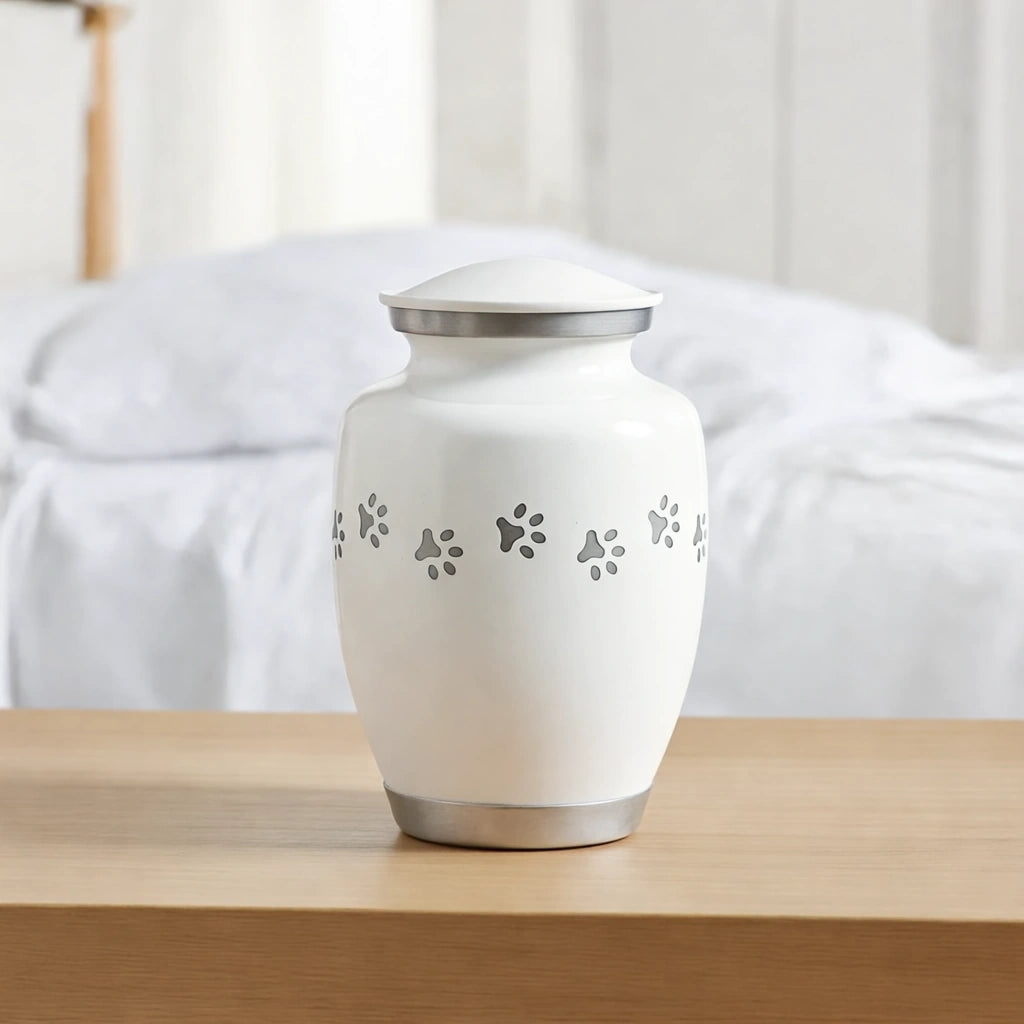 Pawprint Pet Urn for Ashes in White & Silver - Large