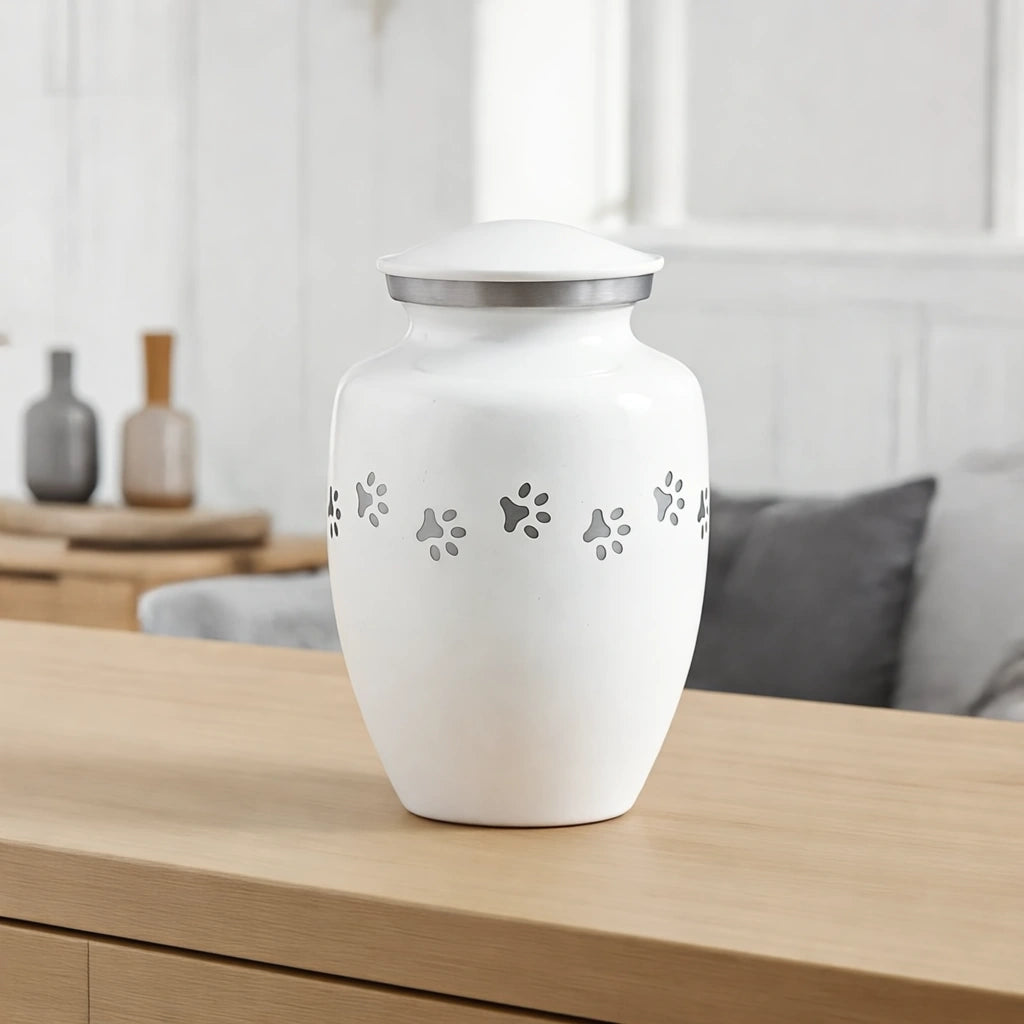 Pawprint Pet Urn for Ashes in White & Silver - Large