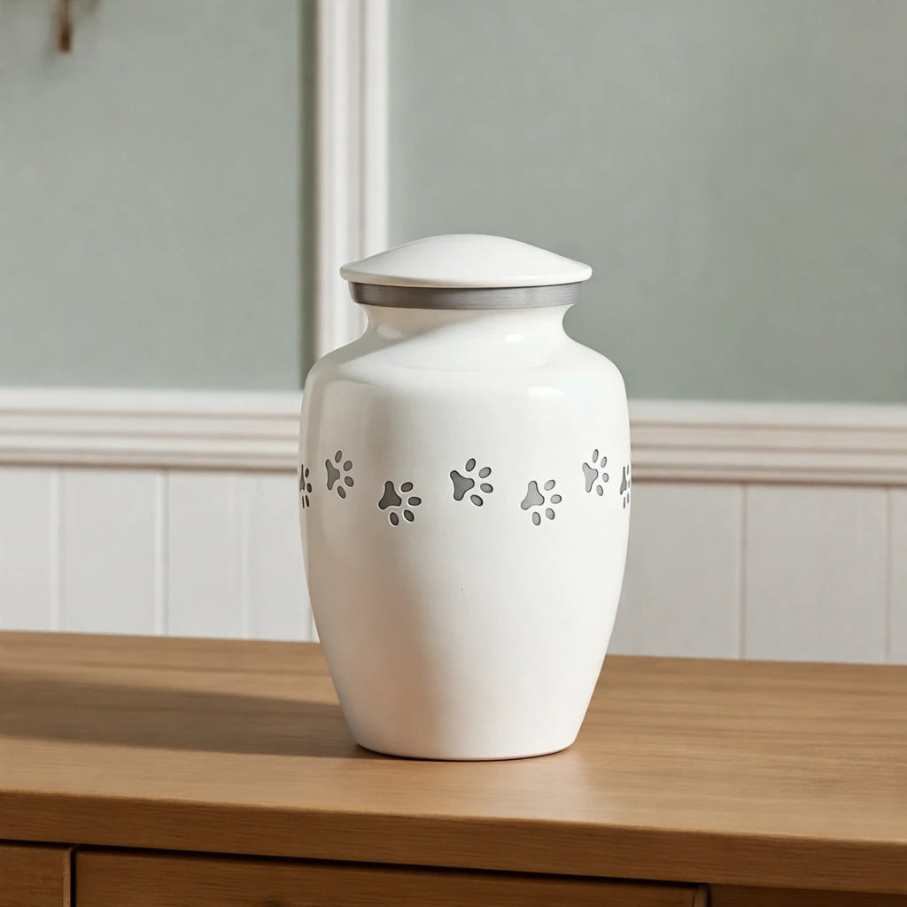 Pawprint Pet Urn for Ashes in White & Silver - Medium