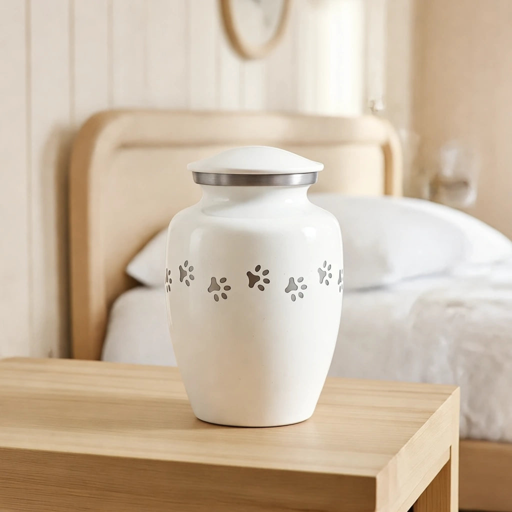 Pawprint Pet Urn for Ashes in White & Silver - Medium