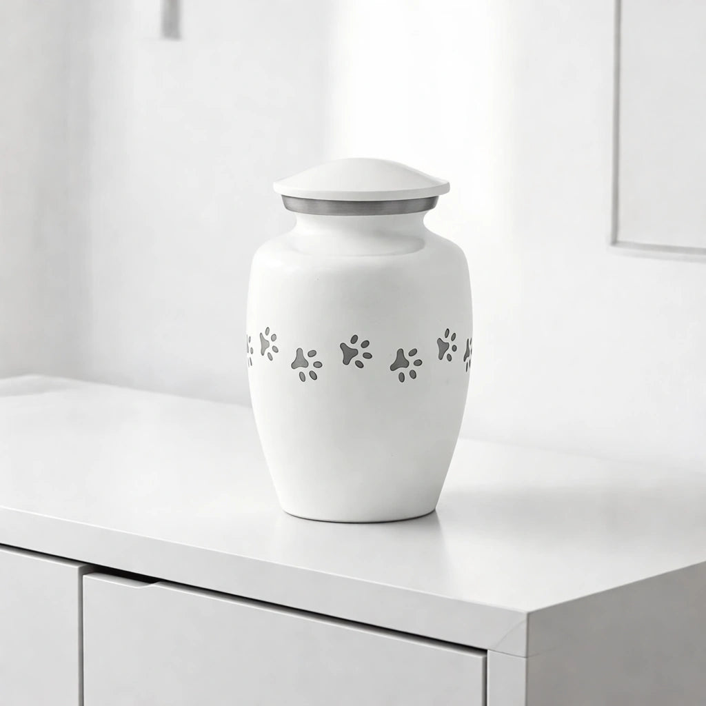 Pawprint Pet Urn for Ashes in White & Silver - Small