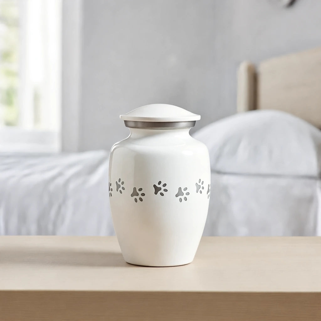 Pawprint Pet Urn for Ashes in White & Silver - Small
