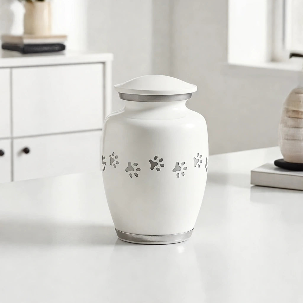 Pawprint Pet Urn for Ashes in White & Silver - Small