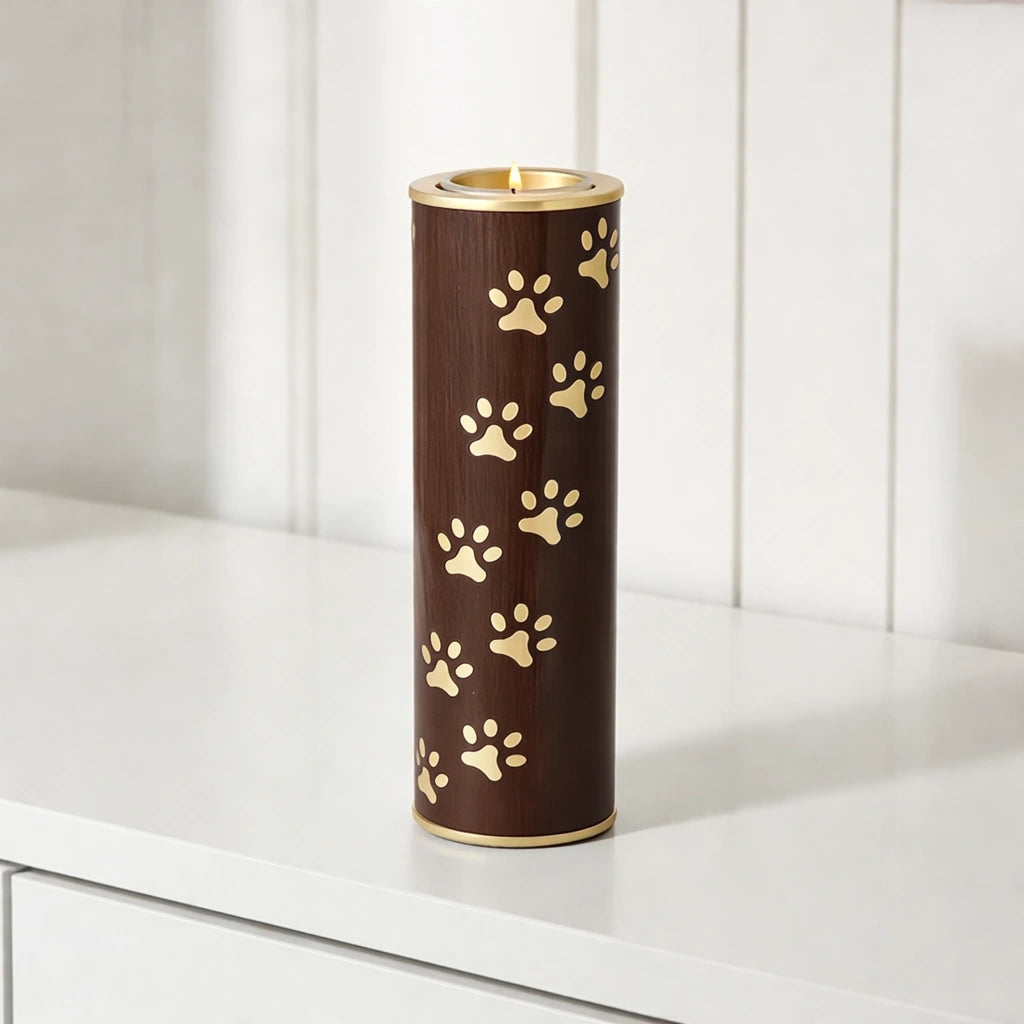 Pawprints Candle Pet Urn for Ashes in Brown and Gold - Large