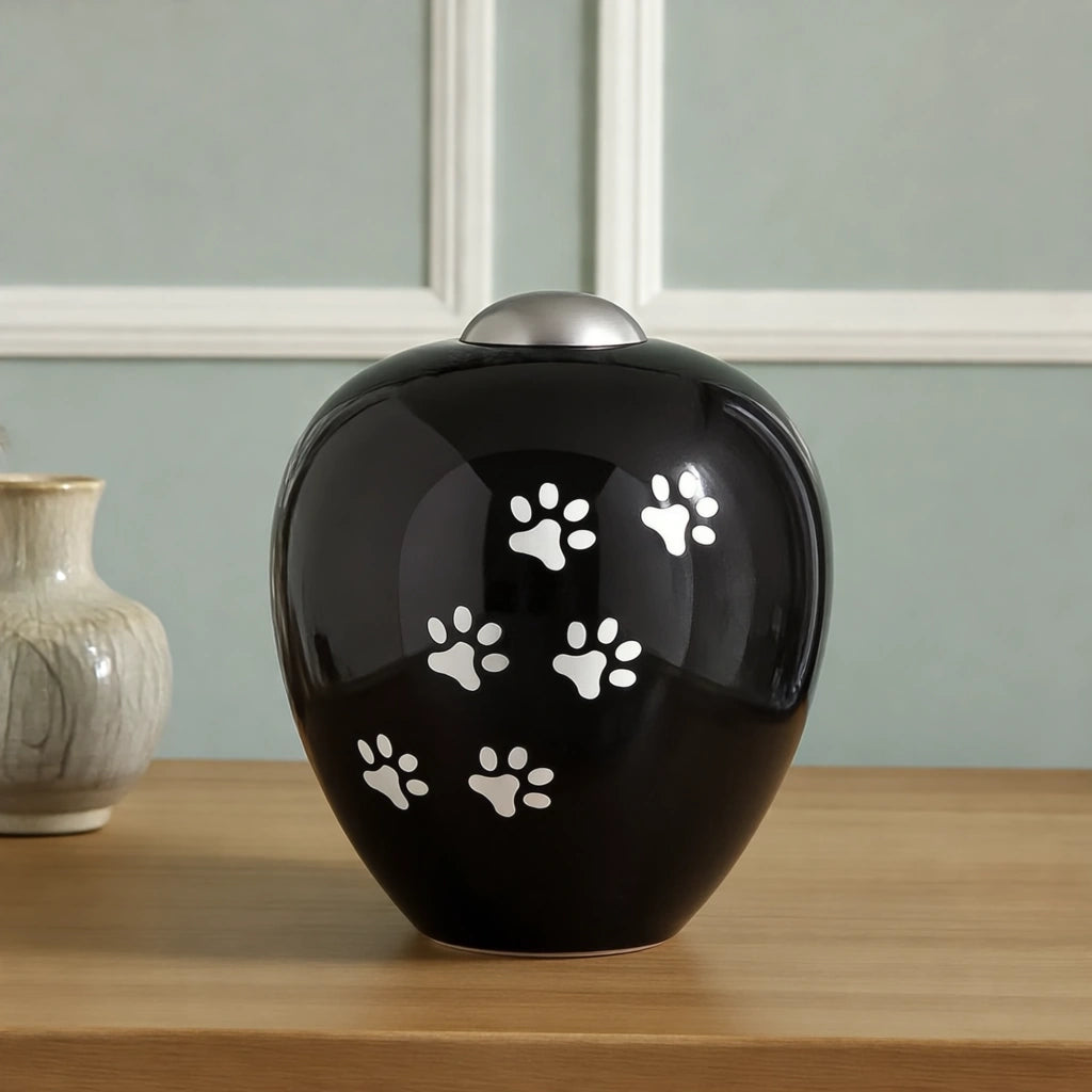 Pawprints Pet Urn for Ashes in Black & Silver - Medium