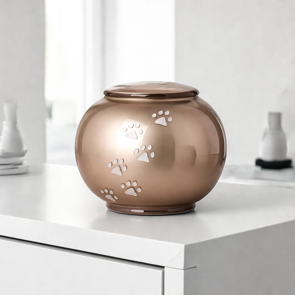 Pawprints Round Crystal Pet Urn for Ashes in Cappuccino - Large