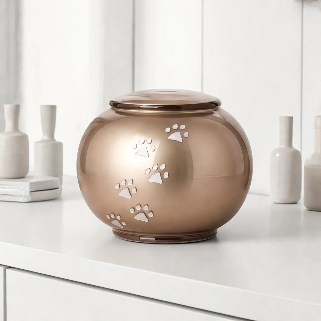 Pawprints Round Crystal Pet Urn for Ashes in Cappuccino - Large