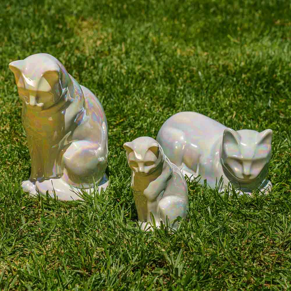 Pearly White Cat Urns For Ashes Outside In Grass