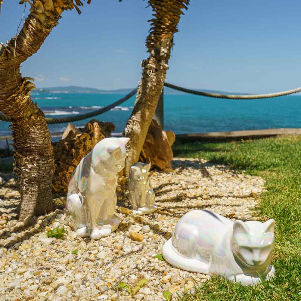 Pearly White Cat Urns For Ashes Outside In The Sun Under Tree