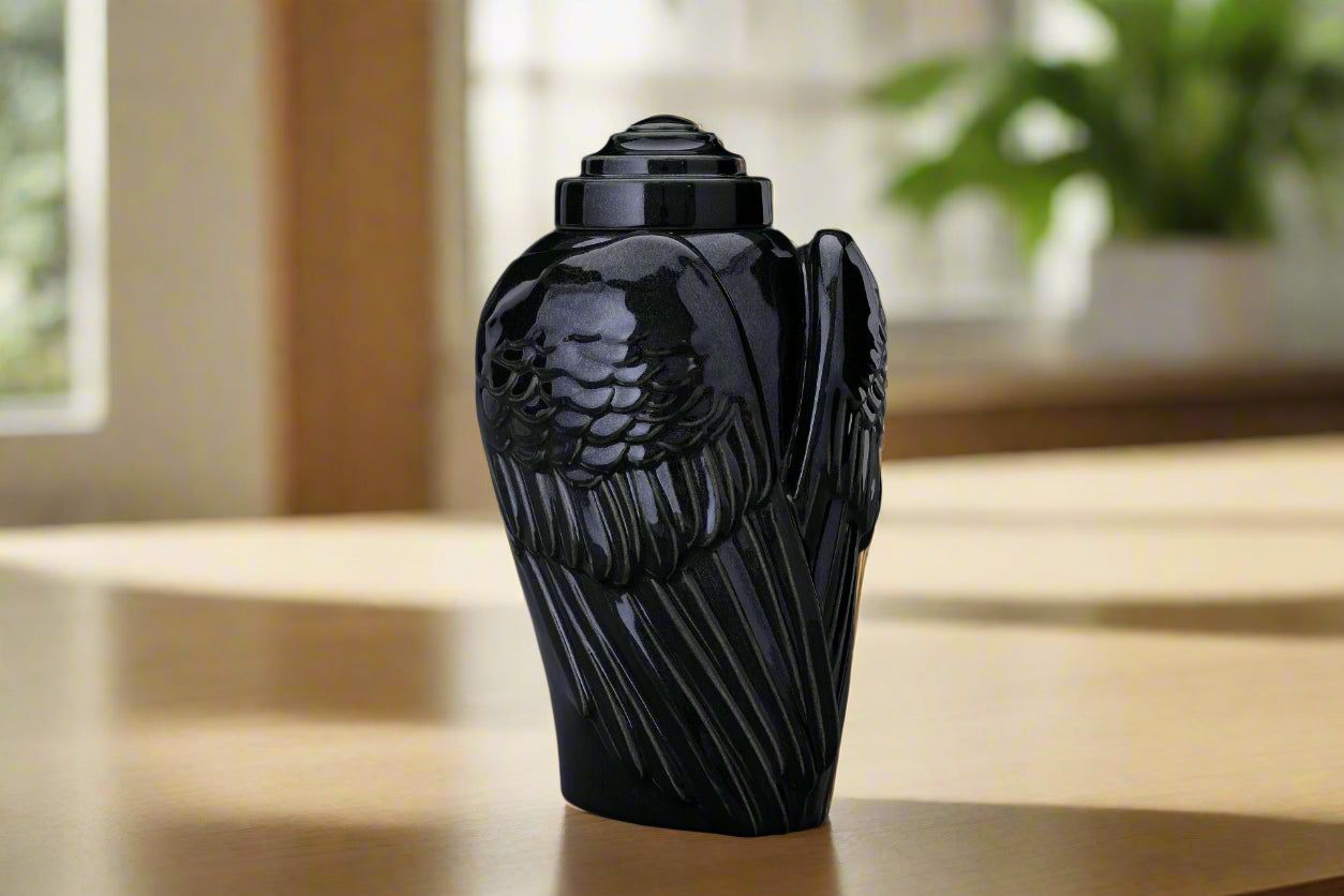 Angel Wings Adult Cremation Urn for Ashes in Glossy Black