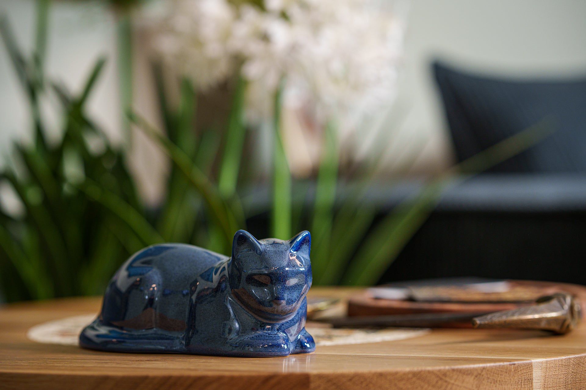 Laying Cat Mini Urn for Ashes in Blue