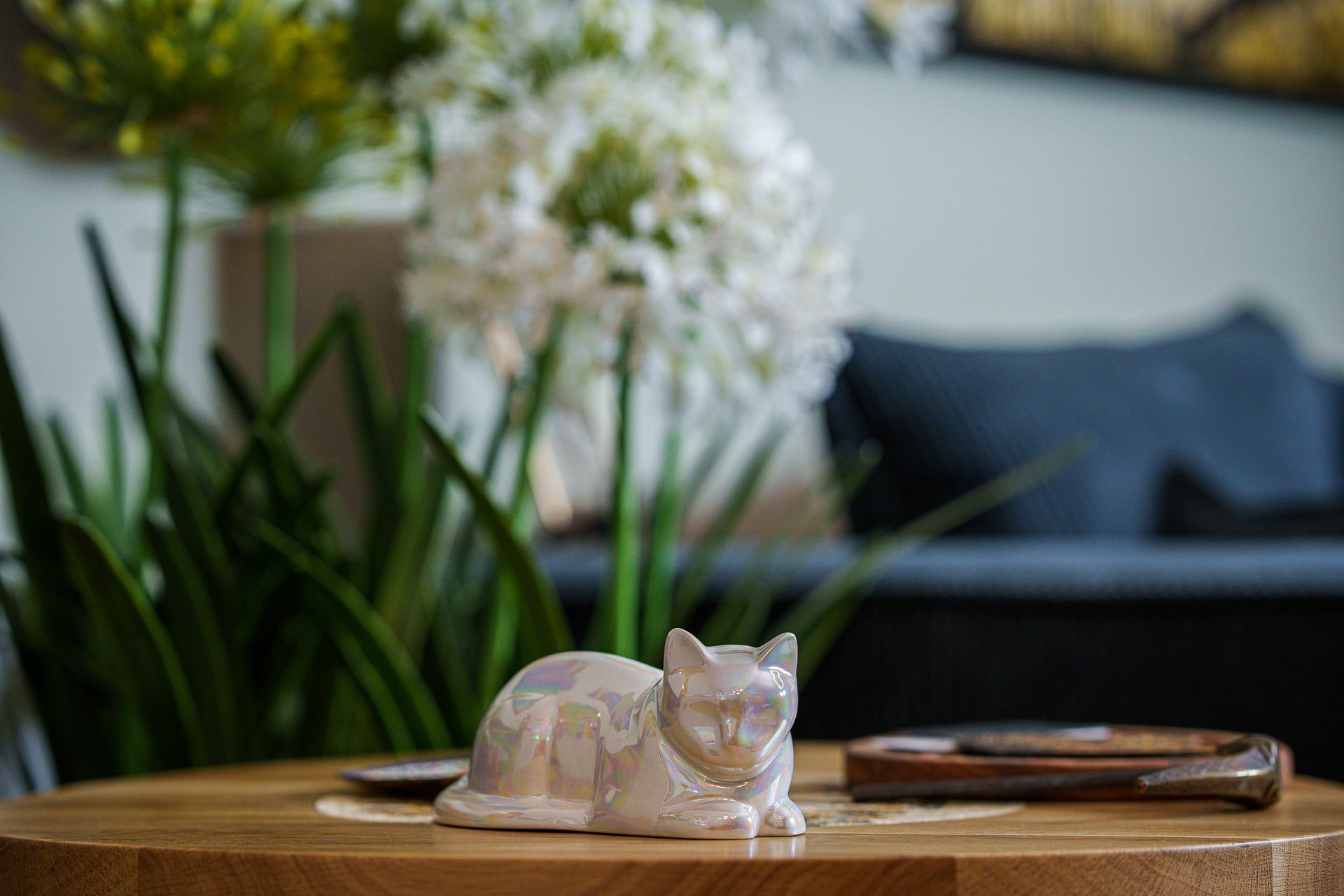 Laying Cat Mini Urn for Ashes in Pearlescent White
