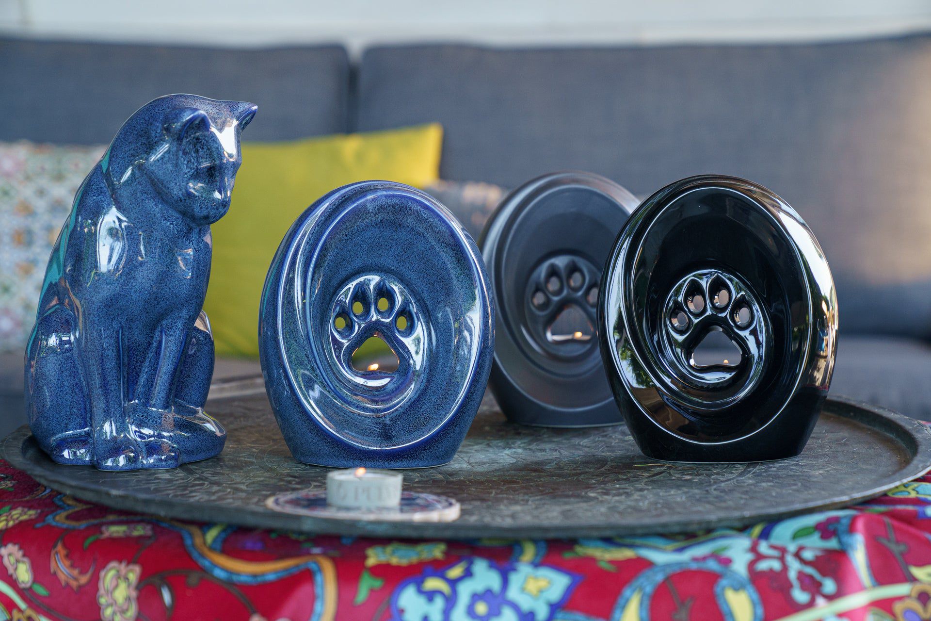 Sitting Cat Pet Urn for Ashes in Blue Melange
