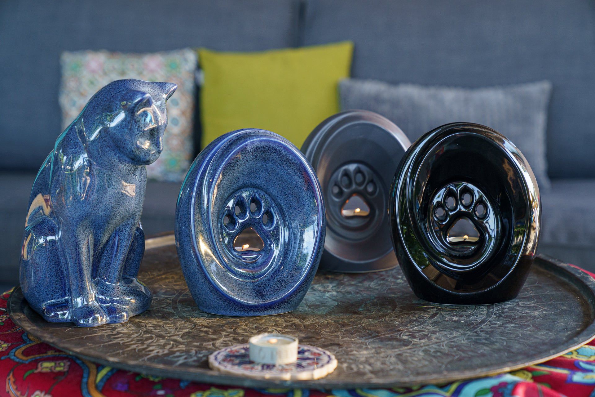 Sitting Cat Pet Urn for Ashes in Blue Melange