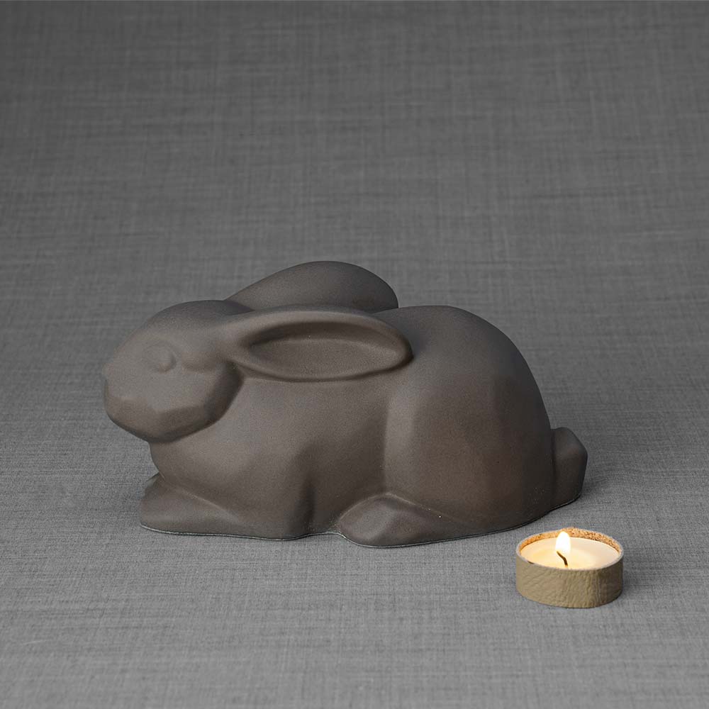 Rabbit Urn For Ashes Matte Grey Left With Candle