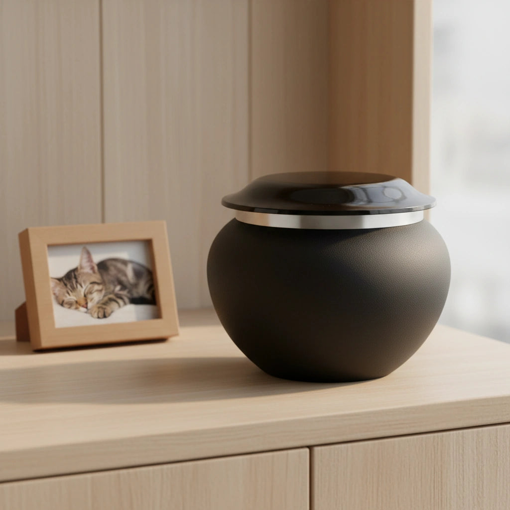 Silver Band Pet Urn for Ashes in Black - Small