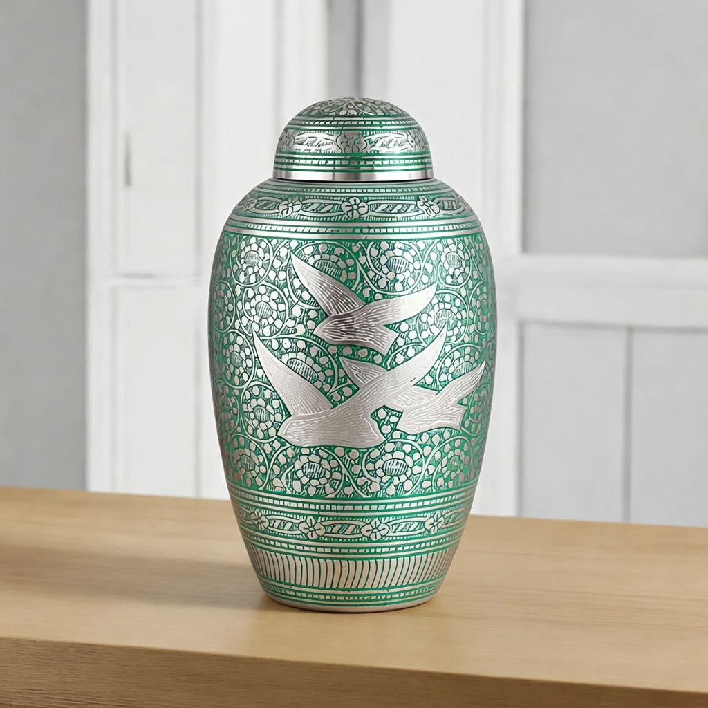 Soaring Doves Metal Adult Cremation Urn for Ashes in Green and Silver