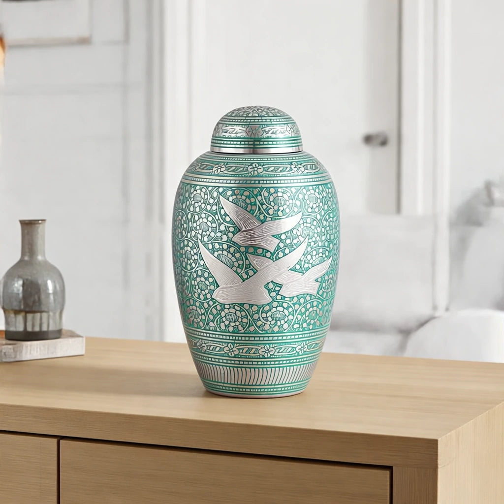 Soaring Doves Metal Adult Cremation Urn for Ashes in Green and Silver