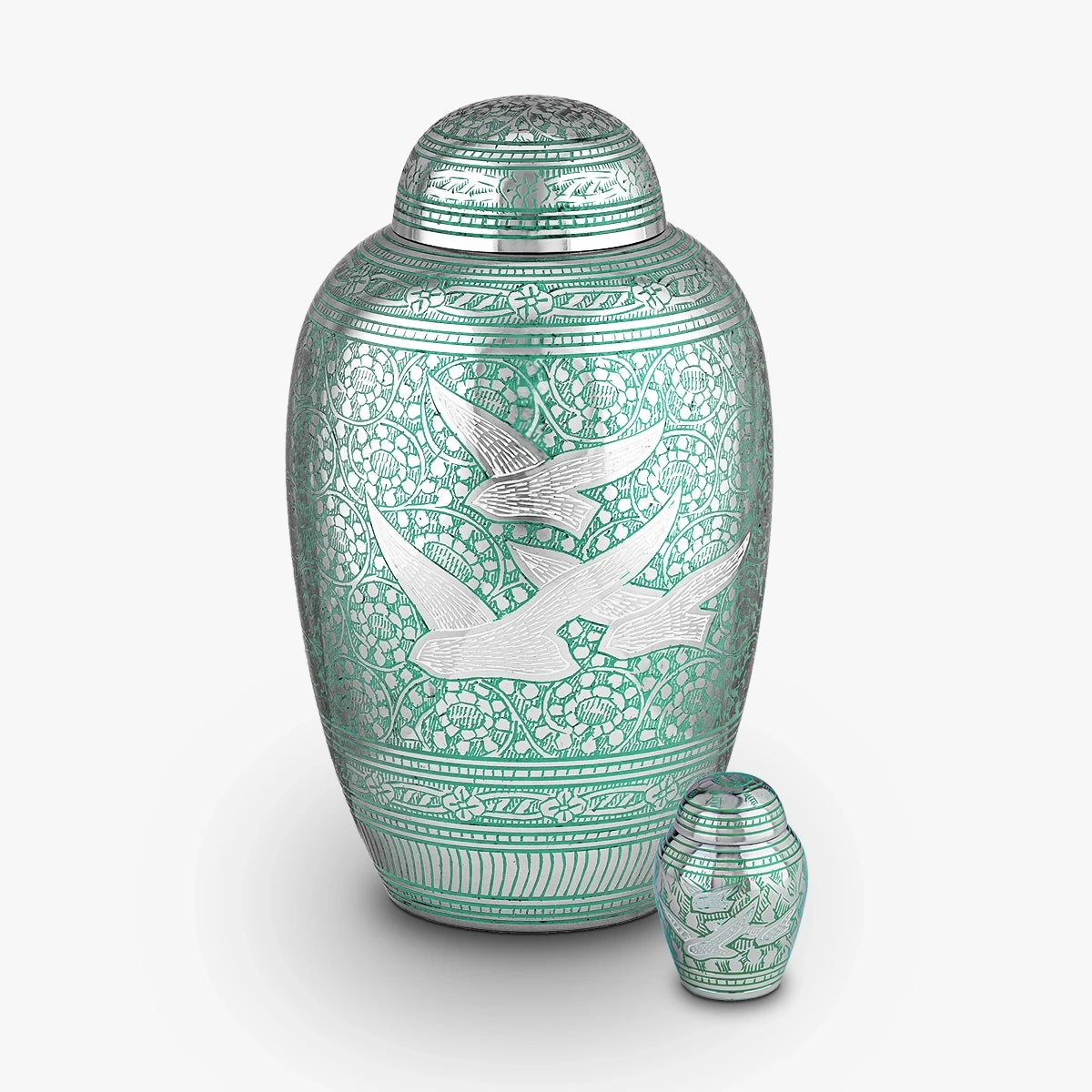 soaring doves metal adult cremation urn for ashes in green and silver with keepsake