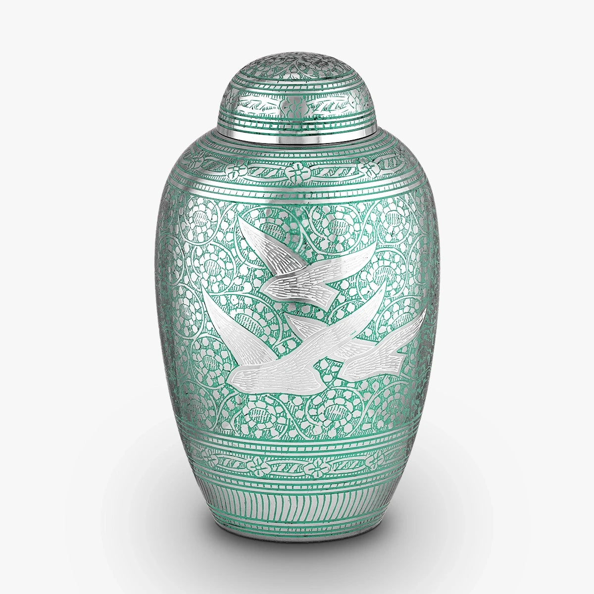 soaring doves metal adult cremation urn for ashes in green and silver