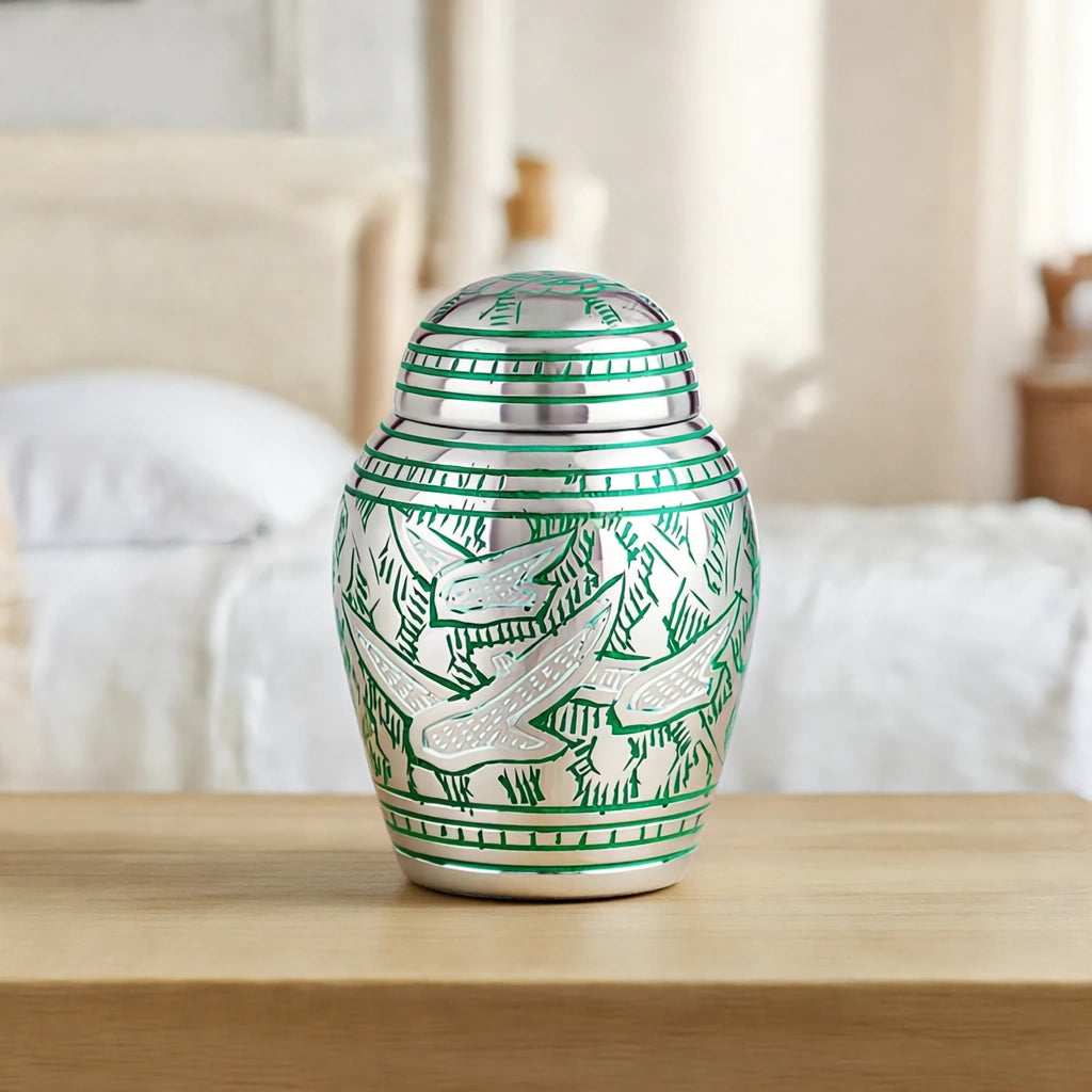Soaring Doves Metal Keepsake Urn for Ashes in Green and Silver