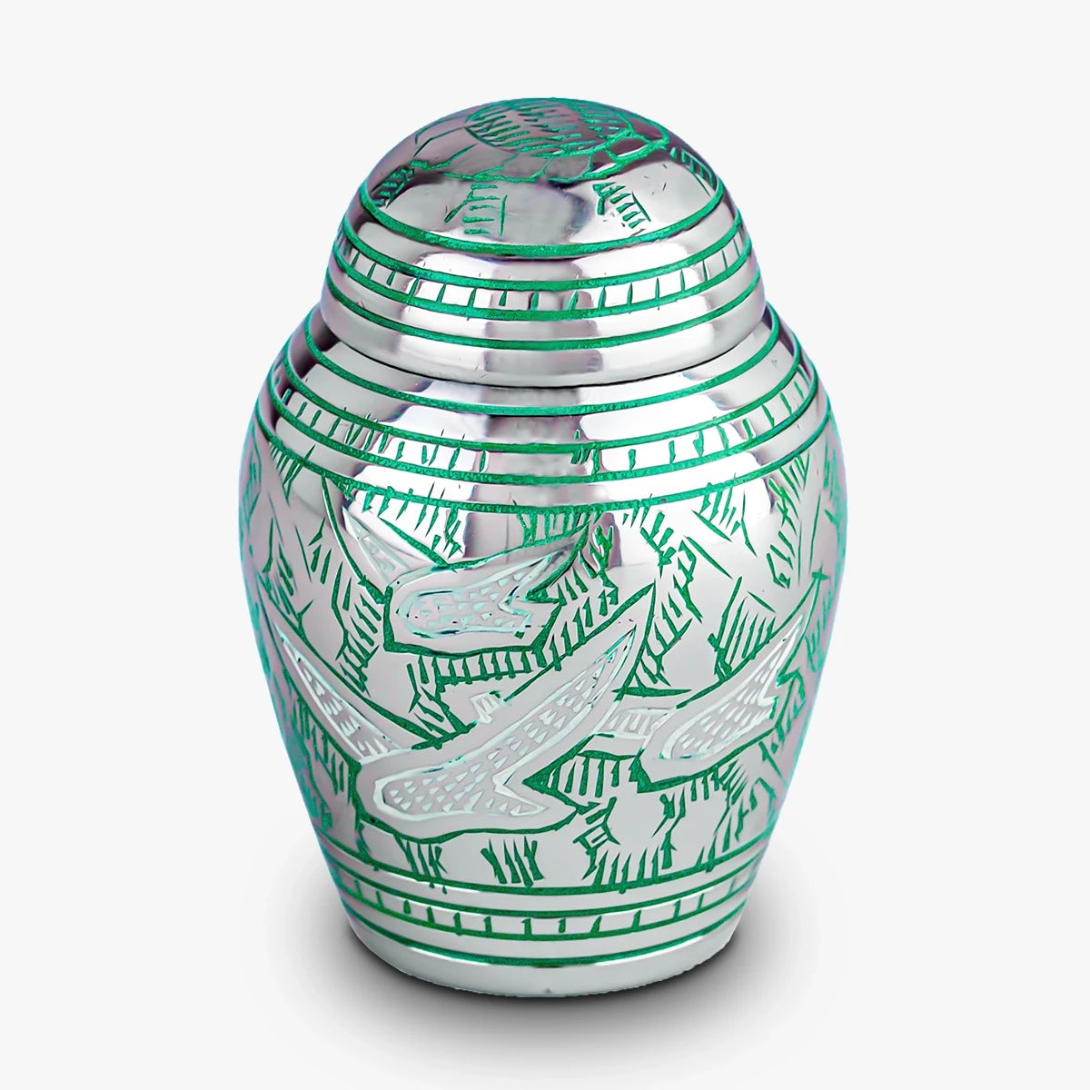 soaring doves metal keepsake urn for ashes in green and silver